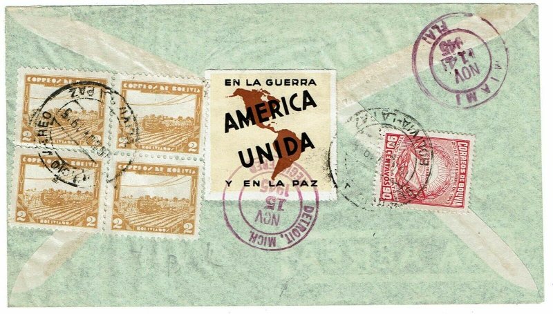 Bolivia 1945 La Paz cancel on registered, airmail cover to the U.S., label