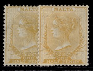 MALTA QV SG10 + 13, ½d SHADE VARIETIES, M MINT. Cat £235.