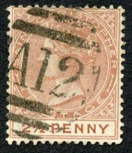 St Kitts-Nevis SG14 2 1/2d Pale red-brown Wmk Crown CA Cat 60 pounds