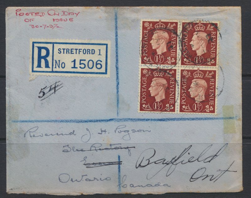 GB 1937 Cover w/ SG 464 dated FDC to Canada see reverse/scans SC 237 free shi...