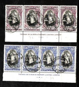 Tonga-Sc#71-72-used strips of 4 with Thomas De La Rue & Company imprint on the s