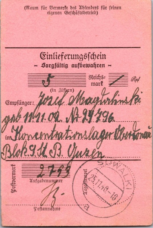 1940 Germany Oberdonau KZ Concentration Camp Money Order Receipt