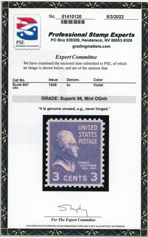 US Scott #807 Thomas Jefferson 3c - PSE Cert - SUPERB 98 - SMQ $80.00 