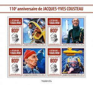 Togo Famous People Stamps 2020 MNH Jacques-Yves Cousteau Diving Nautical 4v M/S