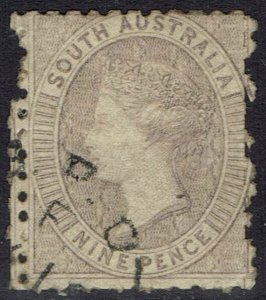 SOUTH AUSTRALIA 1868 QV 9D ROULETTED STAMP SUBSEQUENTLY PERF 11½-12½ WMK LARGE S