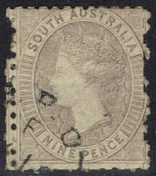 SOUTH AUSTRALIA 1868 QV 9D ROULETTED STAMP SUBSEQUENTLY PERF 11½-12½ WMK LARGE S