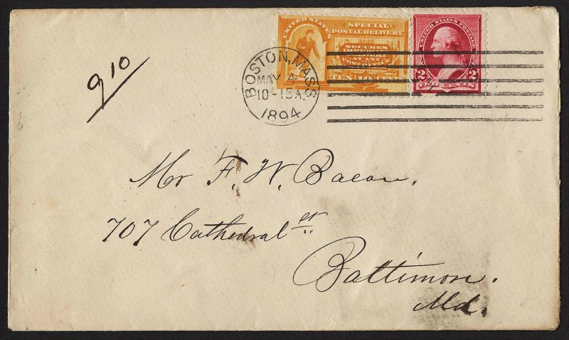 E32 U.S. Scott #E3 orange Special Delivery cover May 4, 1894. SCV = $200