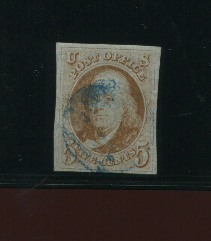 Scott 1 Franklin Imperf Used Stamp with Nice Cancel (Stock 1-A13)