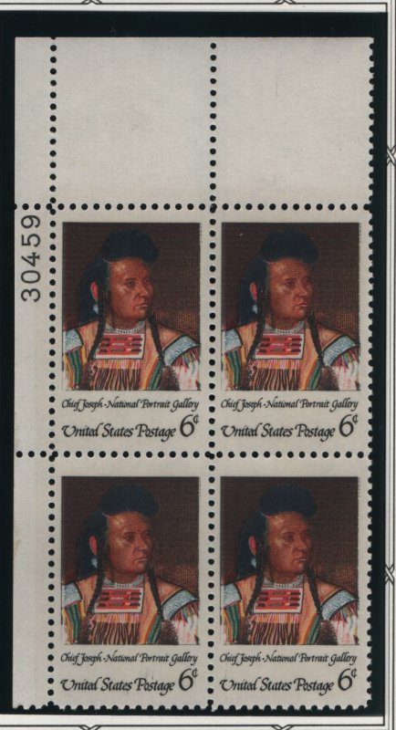 US, 1364, MNH, PLATE BLOCK, 1968, AMERICAN INDIAN