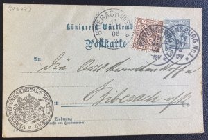 1908 Ravensburg Germany Postal Stationery Postcard Cover To Biberach