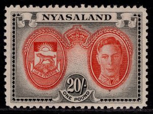 NYASALAND PROTECTORATE GVI SG157, 20s scarlet & black, NH MINT. Cat £29.