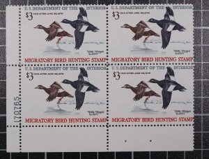 Scott RW36 1969 $3.00 Duck Stamp MNH Plate Block UL 170436 SCV - $275.00