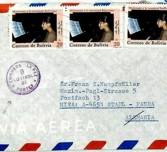 BOLIVIA Cover *La Paz Control 9* CENSOR/EXAMINER Missionary 1983 Air Mail CM192 