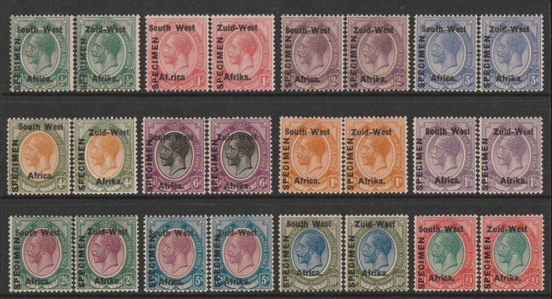 SOUTH WEST AFRICA 1923 setting I KGV sets, both English & Afrikaans SPECIMEN. 