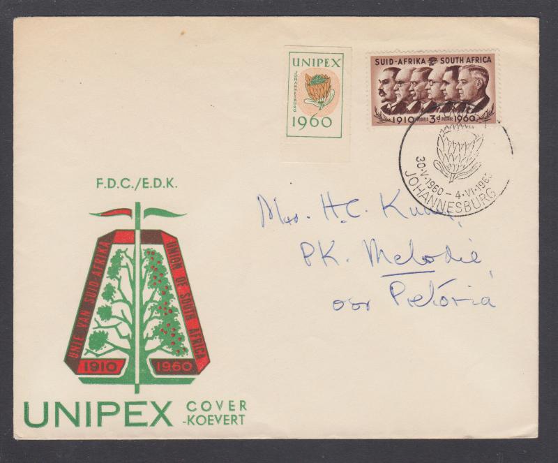 South Africa Sc 235 on 1960 UNIPEX Cover with UNIPEX label, official cachet