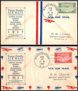 1937 Trans-Pacific airmail 20c 50c FAM 14 Sc C21-2a C22-2b Linprint cachet (E4