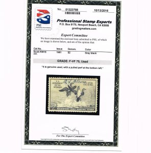 EXCELLENT GENUINE SCOTT #RW18 USED 1951 DUCK STAMP PSE CERT GRADED F-VF 75