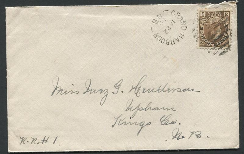 NEW BRUNSWICK SPLIT RING TOWN CANCEL COVER GRAND HARBOUR