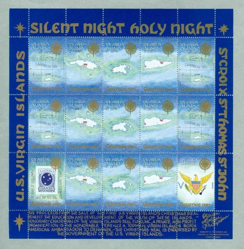 US Virgin Islands. Christmas Sheet 1987. First Issue.Map. DWI Imprint X-Mas Seal