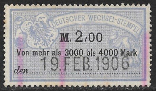 GERMANY 1901 2,00 Without Year 18 Bill of Exchange Revenue Erler No. AJ126 VFU