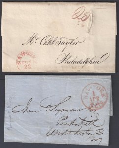 US 1814 1841 FOUR NEW YORK FOLDER LETTERS ALL DIFFERENT RED CANCELLATIONS 5ct 10