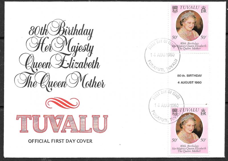 TUVALU 1980 Queen Mother's 80th Birthday Issue GUTTER PAIR Sc 137 Cachet FDC