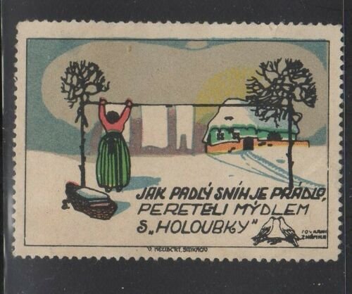 Czechoslovakia- Laundry Soap, Snow & Pigeons Detergent Advertising Stamp - NG 