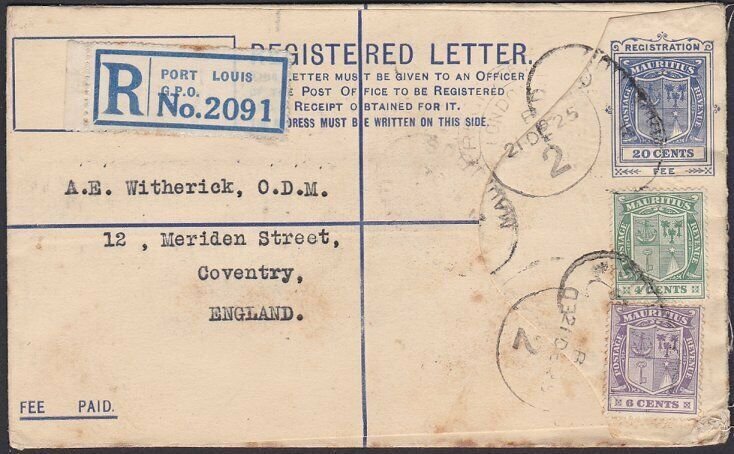 MAURITIUS 1925 20c registered envelope uprated used to UK ex Port Louis.....Q765