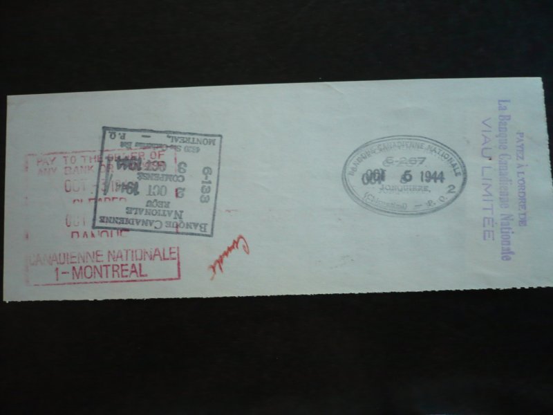 Canada - Revenue - KGVI War Issue Stamps on cheque dated 1944