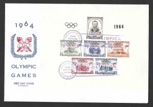 HONDURAS 1964 OLYMPICS SOUVENIR SHEET WITH ABRAHAM LINCOLN TIED ON FDC ISSUE