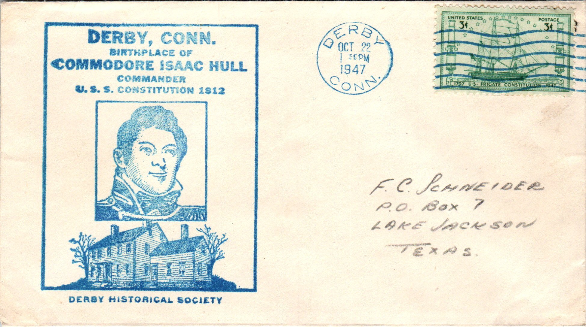 US Derby CT Birthplace of Commodore Isaac Hull 1947 Cover United