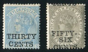 Ceylon #109-110 (SG 169a-170) Cat£47, 1885 30c on 36c and 56c on 96c, hinge ...