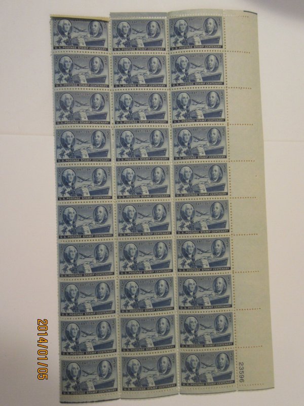 SCOTT 947 3 CENT POSTAGE STAMP CENTENARY 1947 OG 30 STAMPS WITH PLATE NUMBER