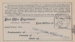 United States New Jersey Mount Holly 1891 starburst  Registry Receipt Card.