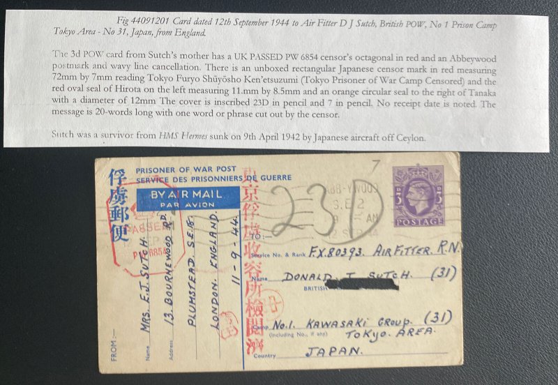 1944 London England Postcard Cover To Air Fitter In Kawasaki Group Tokyo Area