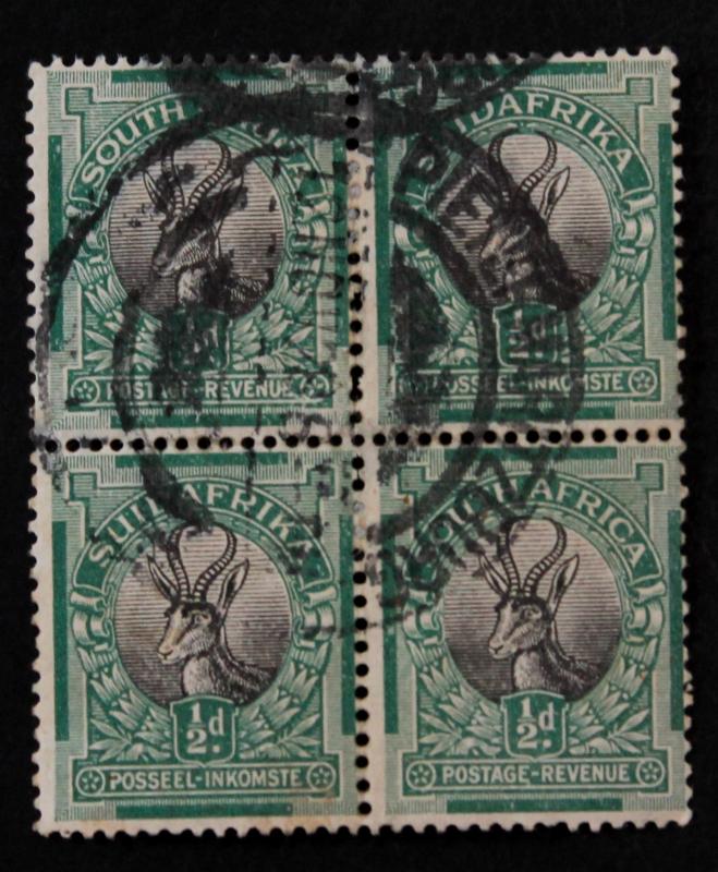 SOUTH AFRICA: Stamp Sc# 45 Used Block of Four ½d Springbok 