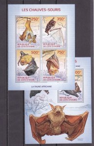 Ivory Coast. 2014 issue. Bats sheet of 4 and s/sheet.