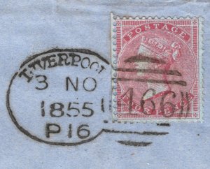 GB QV SG.62 4d Carmine/Blued SMALL GARTER 1855 Liverpool Spoon Cat £450+ PIRED44