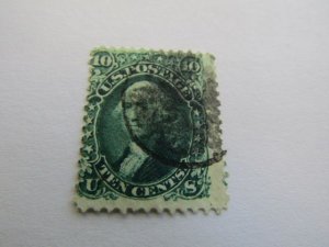 US Stamps, Scott #68 Used F, 10c Washington (1861), Image shift to the Top-Left