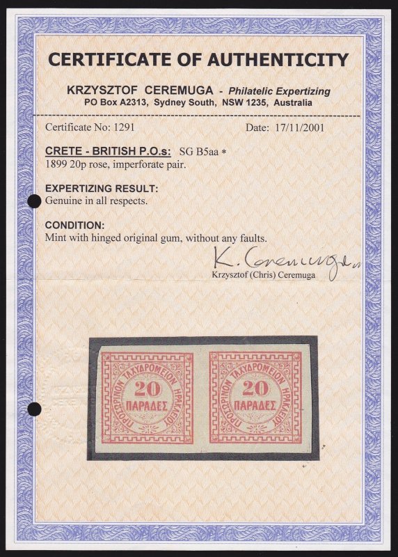 BRITISH POs IN CRETE 1899 Numeral 20pa IMPERF pair. Very rare. With Certificate. 