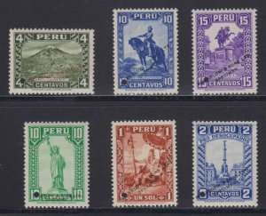 PERU 1932-34 Sc 308, 310-311, 318, 323, RA21 SIX PERF PROOFS + SPECIMEN MNH VF