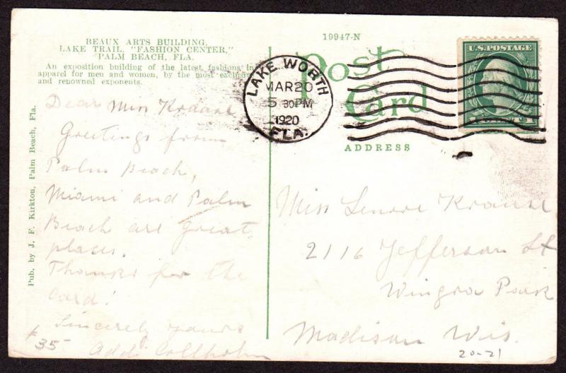 $Florida Machine Cancel Cover, Lake Worth, 3/20/1920, earliest recorded imp.