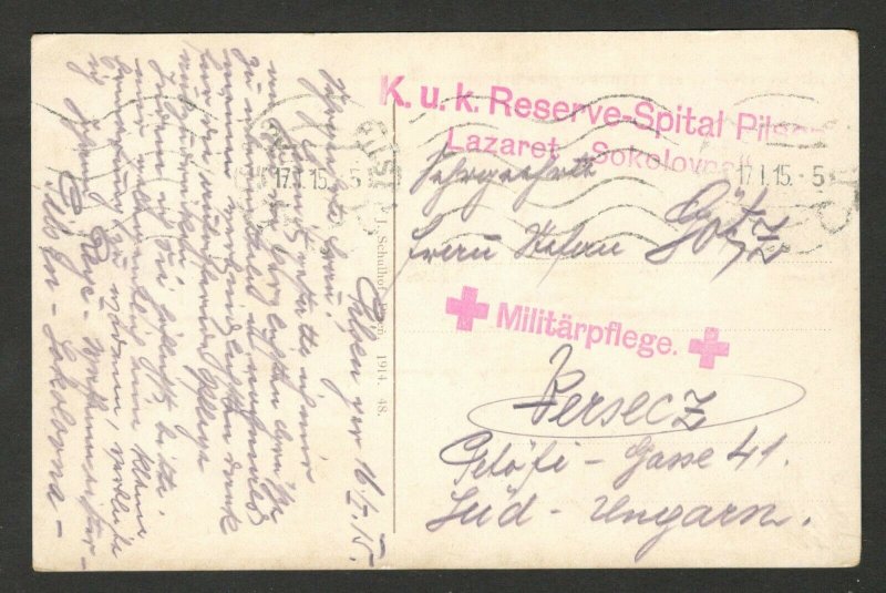 WWI HUNGARY - TRAVELED  PPC, PLZEN  - RED CROSS  - 1915.