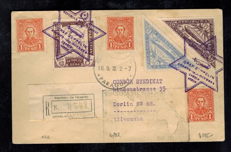 1932 Paraguay Graf Zeppelin Registe Cover to Berlin Germany LZ 127 Star of David