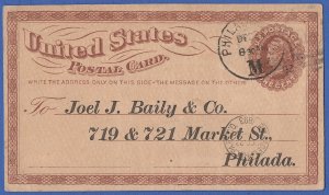 1873 Scott UX3/S2 SP10 1c Liberty Used postal card, PHILADELPHIA 1893 postmark