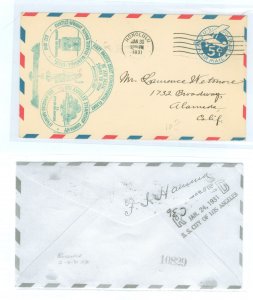 US UC1 1931 5c Monoplane stamped cover franked this cacheted envelope which was carried on the first ship to shore experimental