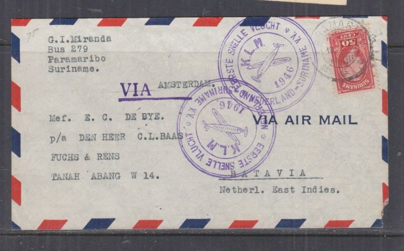SURINAME, 1946 KLM First Flight cover to Batavia, Netherlands Indies.