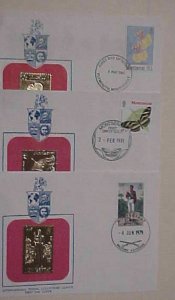 MONTSERRAT 3 DIFF. FDC GOLD FOIL 1979,1981,1985 CACHET UNADDRESSED