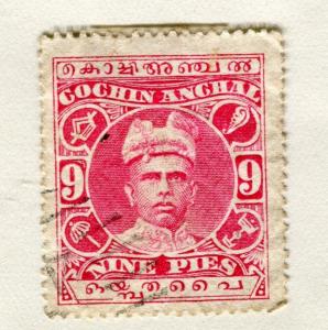 INDIA COCHIN;   1911-13 early Rama Varma issue fine used 9p. value