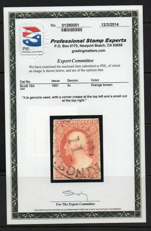 #10A  1851 Orange Brown  with PSE CERT - Nice  pos 54L5e  cv$160.00